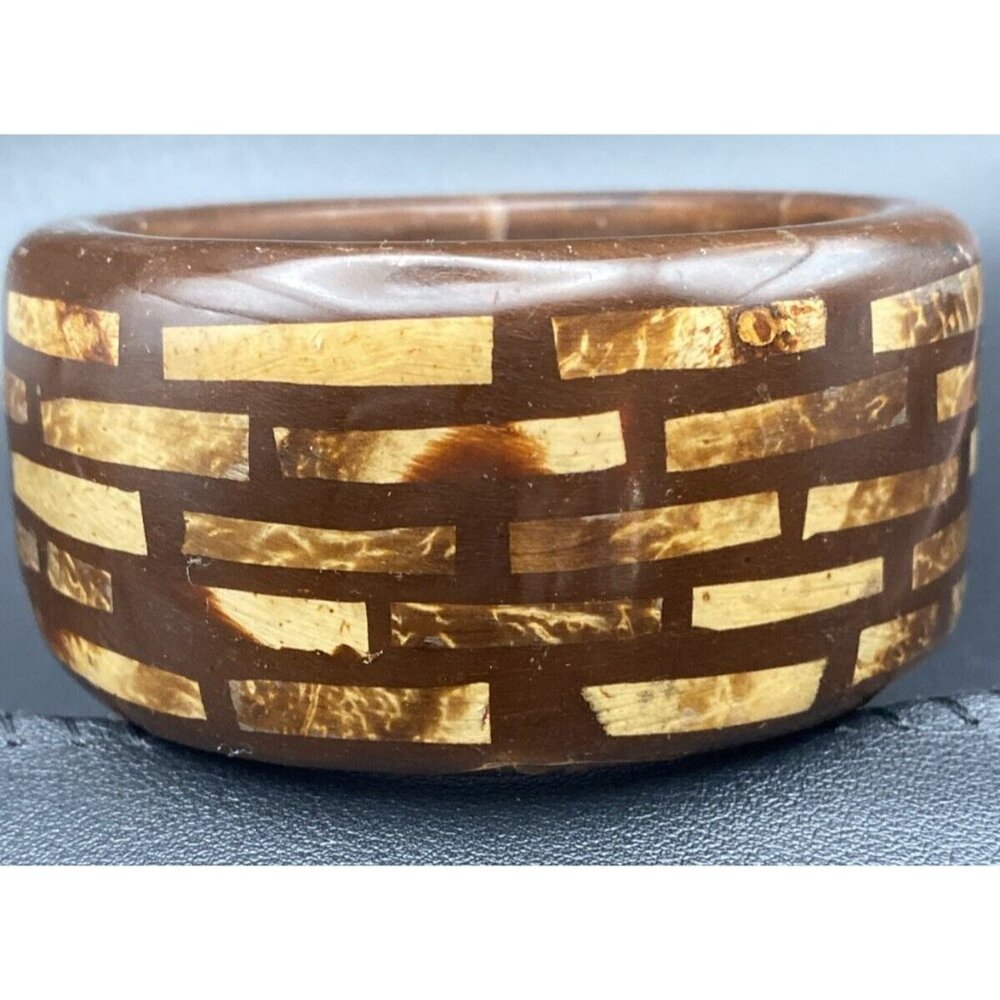 Signed Kenneth Lane Bangle Bracelet  1.5" Wide Inlaid Burled Chunky Wood 8" LOOK - Picture 12 of 15